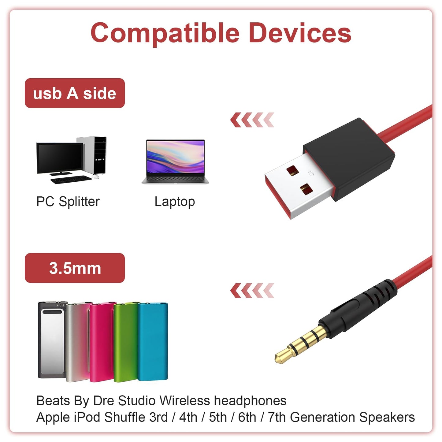 Alitutumao USB 3.5mm Jack Charging Cable Data Sync Cord Compatible with Beats by Dre Studio Solo Wireless Headphones,MP3 Player, iPod Shuffle, Voice
