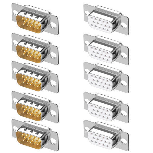 Jienk 10PCS VGA Male Female DB15 3Row Solder Cup Connectors, Gold Plated Joints Solder Type D-SUB HD15 15Pin D Sub Couplers(Male x 5, Female x 5)