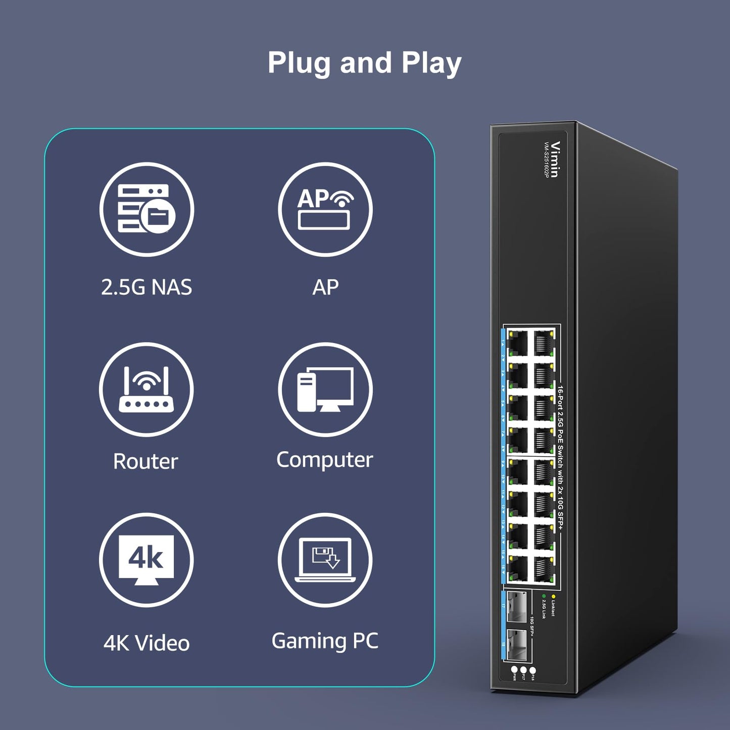 16 Port 2.5G PoE Switch Unmanaged with 2X 10Gbps SFP, VIMIN 16x 2.5G Base-T PoE Ports, 10G SFP PoE Switch w/ 120Gbps Ethernet Switching Capacity
