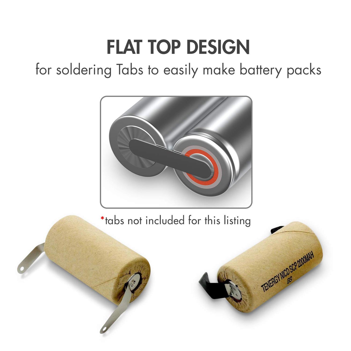 Tenergy NiCd SubC 2200mAh Paper Wrapped Rechargeable Battery Flat Top with Tabs, 15 Pack