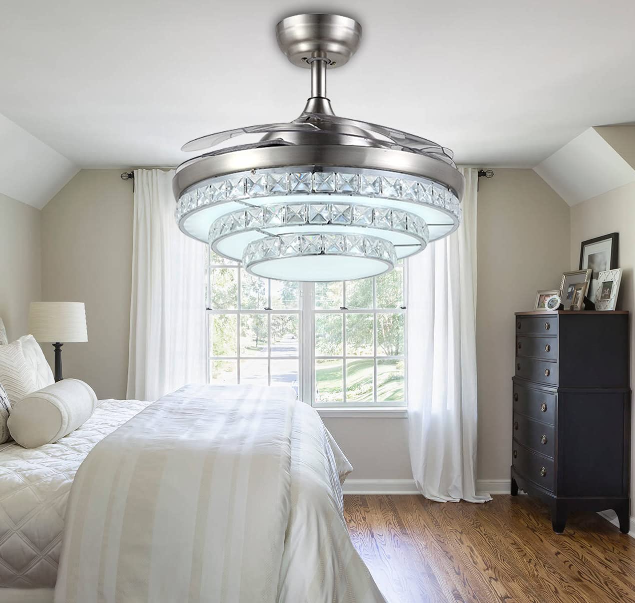 Angry Pryo 42" Crystal Invisible Ceiling Fans with Lights,Retractable Remote Control 3 Color 3 Speed LED Silent Modern Fan Chandelier Lighting