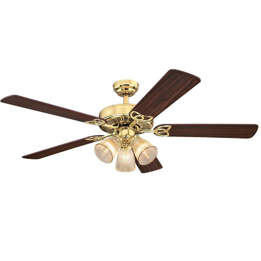Ciata Lighting 52 Inch Vintage Indoor Ceiling Fan with Dimmable LED Light Fixture and Clear Ribbed Glass in Polished Brass Finish with Reversible