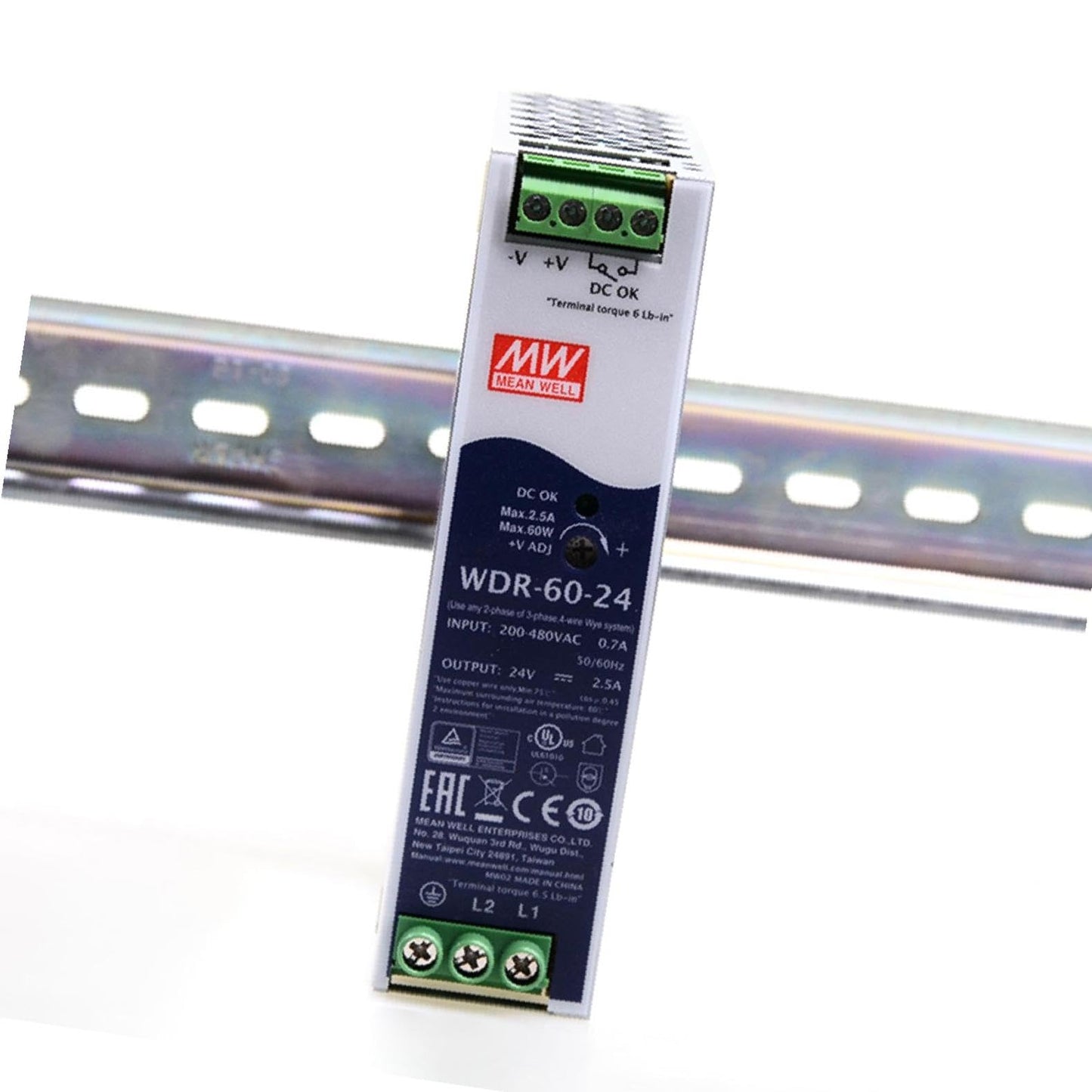 Mean Well USA WDR-60-24, 60W DIN Rail Power Supply; 24V@2.5A; 180-550V AC In