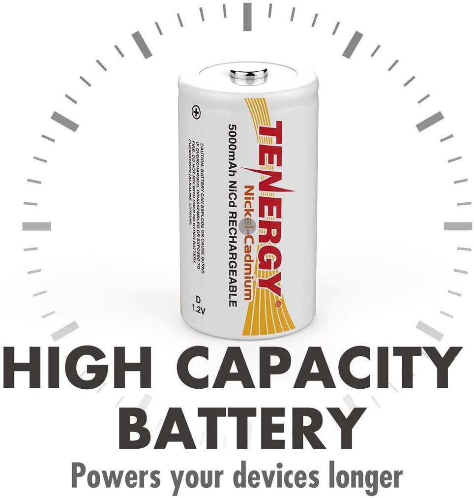 Tenergy D Size 5000mAh NiCd Button Top Rechargeable Batteries, 8 Pack