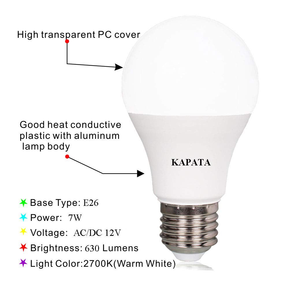 12V A19 LED Light Bulb Soft White 2700K 60 Watt Halogen Equivalent A19 Bulbs E26 Screw Base , for RV , Boat , Camping , Outdoor Solar Powered Lighting