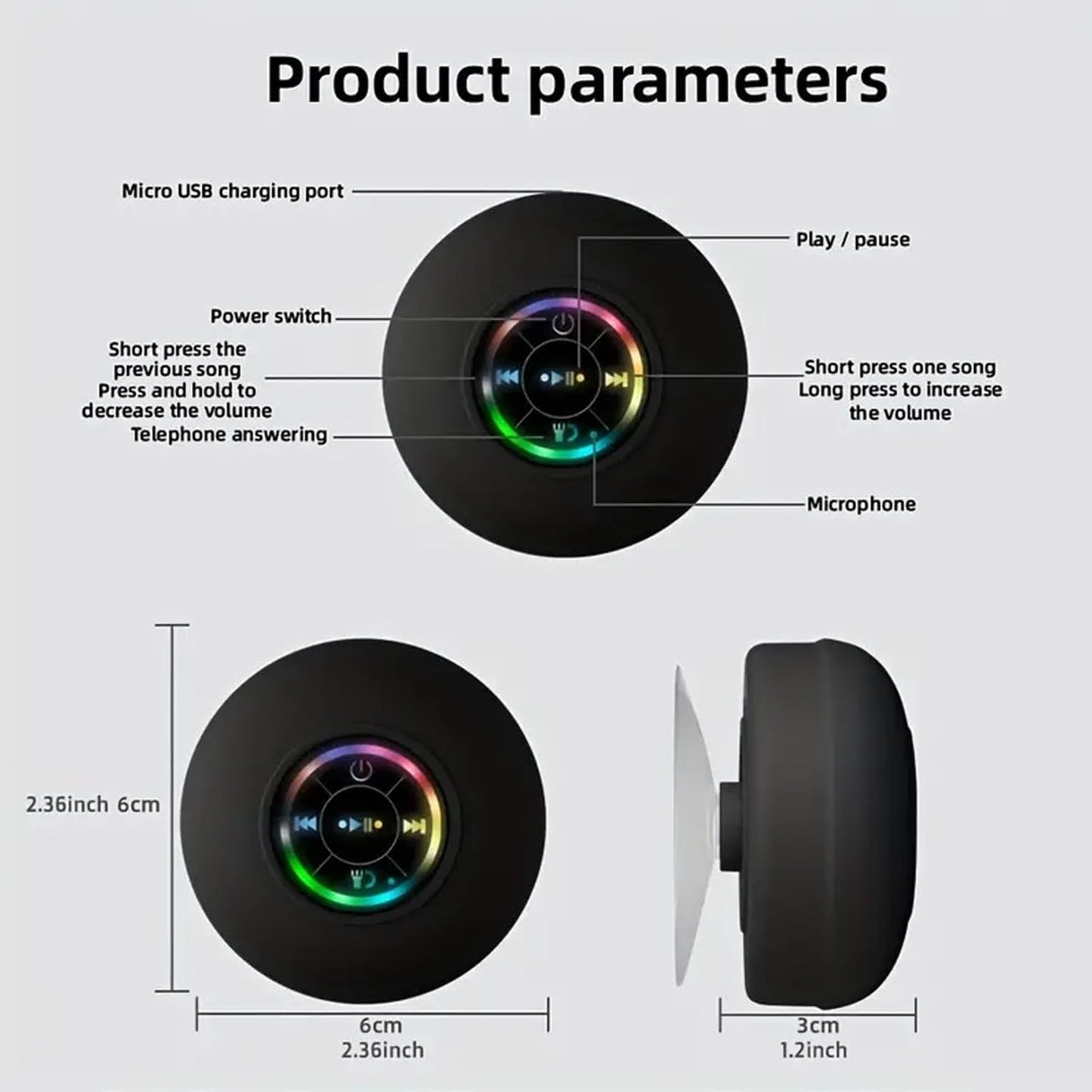Bluetooth Shower Speaker, Portable Bluetooth Speaker 360 HD Surround Sound, Waterproof Wireless Speaker with Suction Cup, Colorful LED Lights