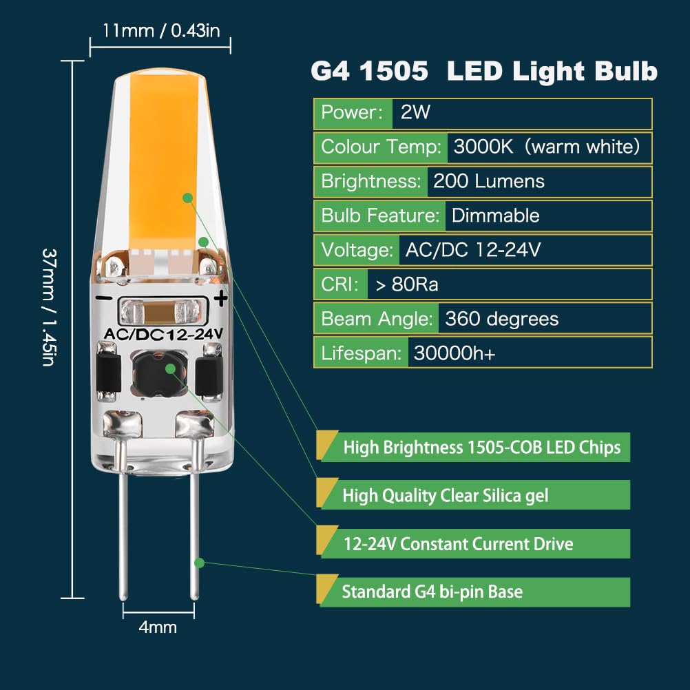 G4 LED Bulb 2W, Warm White 3000K, AC/DC 12V-24V 1505 COB LED Light Bulbs Equivalent to 20W T3 JC Type Bi-Pin G4 Base Halogen Bulb, 6-Pack