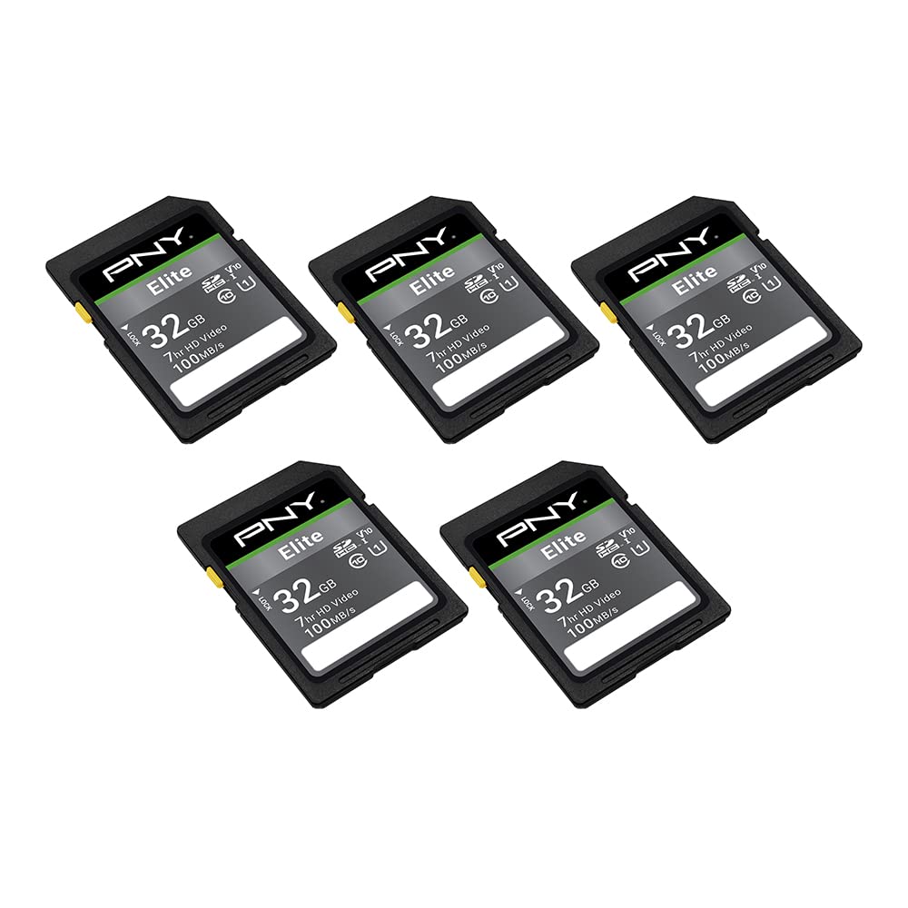 PNY 32GB Elite Class 10 U1 V10 SDHC Flash Memory Card - 100MB/s Read, Class 10, U1 Full HD, UHS-I, Full Size SD (Pack of 5)