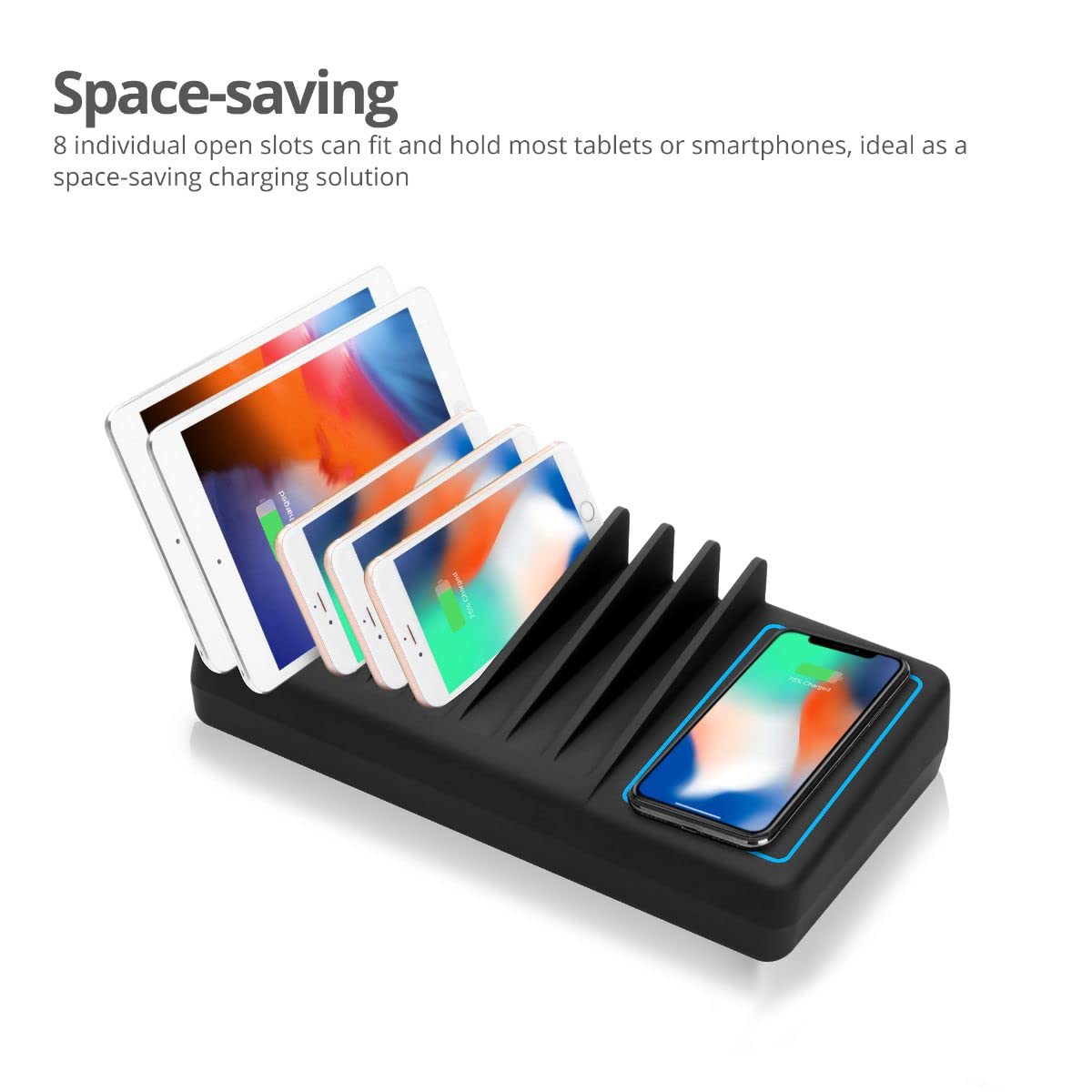 SIIG 10 Port 90W USB Charging station with Qi wireless and USB C Charging, Ambient Light Deck compatible with iPhone iPad Samsung Galaxy Google Nexus