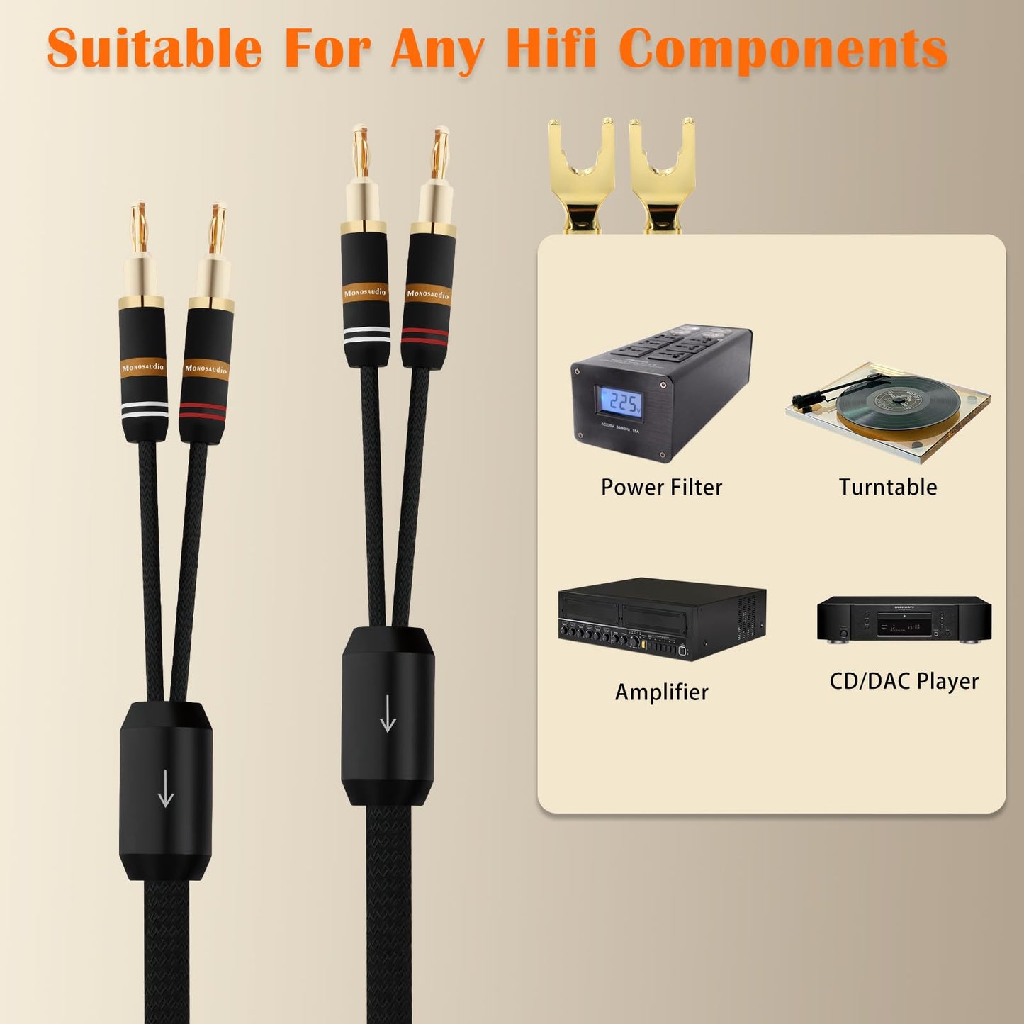 Monosaudio 12 Gauge Speaker Cable Pair Speaker Wire with Banana Plugs/Y Spade Connectors Convertible Gold Plated OFC Copper for Amplifier/Speakers/AV