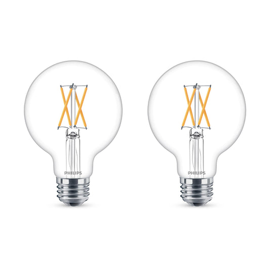 PHILIPS LED Clear Dimmable, Warm Glow Effect G25 Light Bulb - Pack of 2 - EyeComfort Flicker Free - 5.5W = 60W - 500 Lumen - Soft White (2700K) - E26