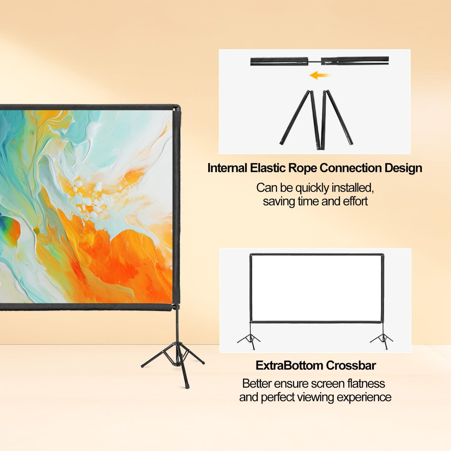 Projector Screen with Stand, 100 inch Portable Projector Screen Stand with Elastic Rope Bar, Outdoor Indoor 16:9 4K HD Wrinkle-Free Front Rear