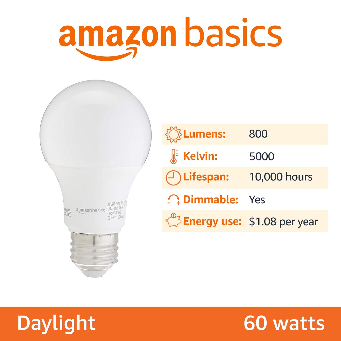 Amazon Basics A19 LED Light Bulbs, 60W Equivalent, 9W Energy Efficient, E26 Standard Base, Daylight White 5000K, Dimmable, 10,000 Hour Lifetime