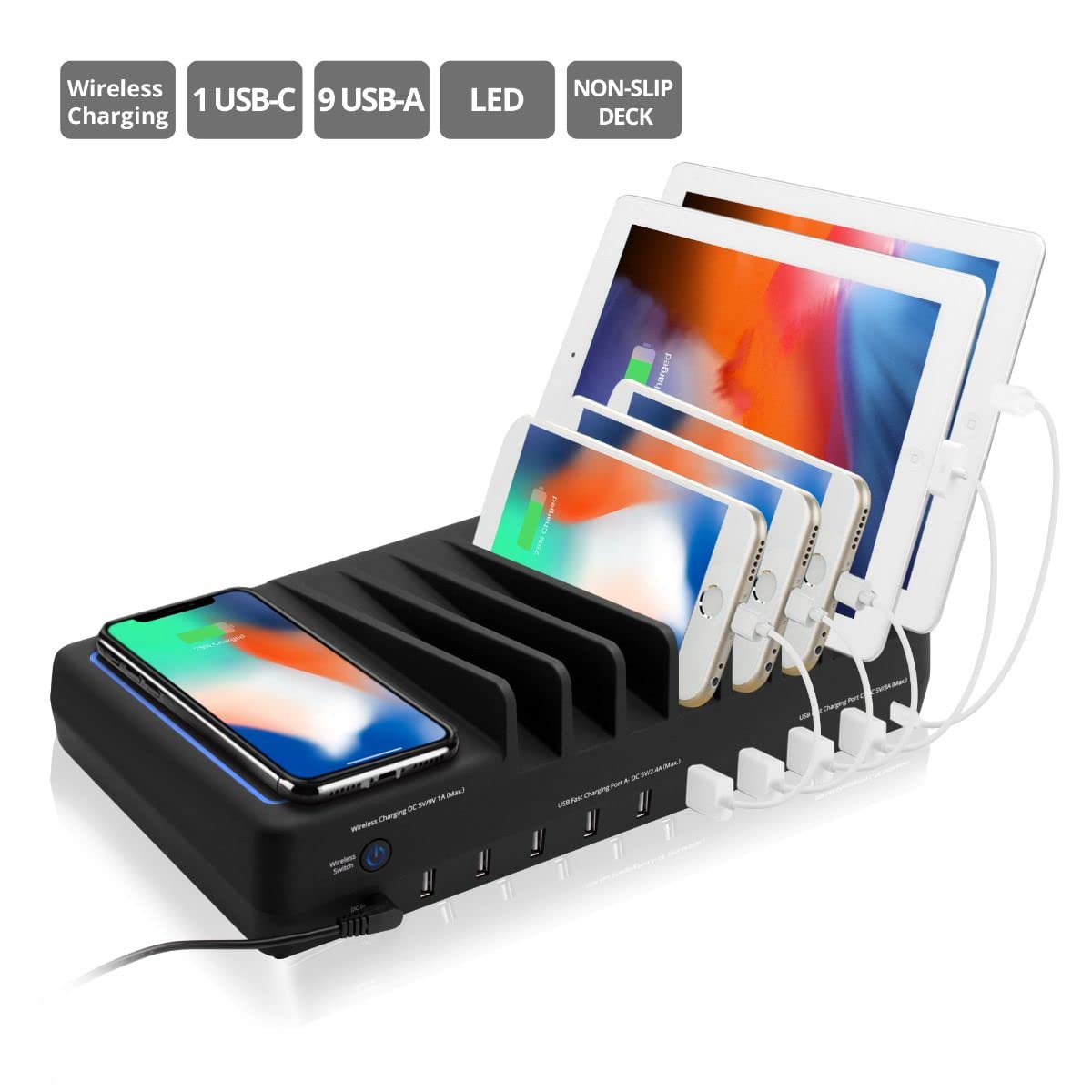 SIIG 10 Port 90W USB Charging station with Qi wireless and USB C Charging, Ambient Light Deck compatible with iPhone iPad Samsung Galaxy Google Nexus