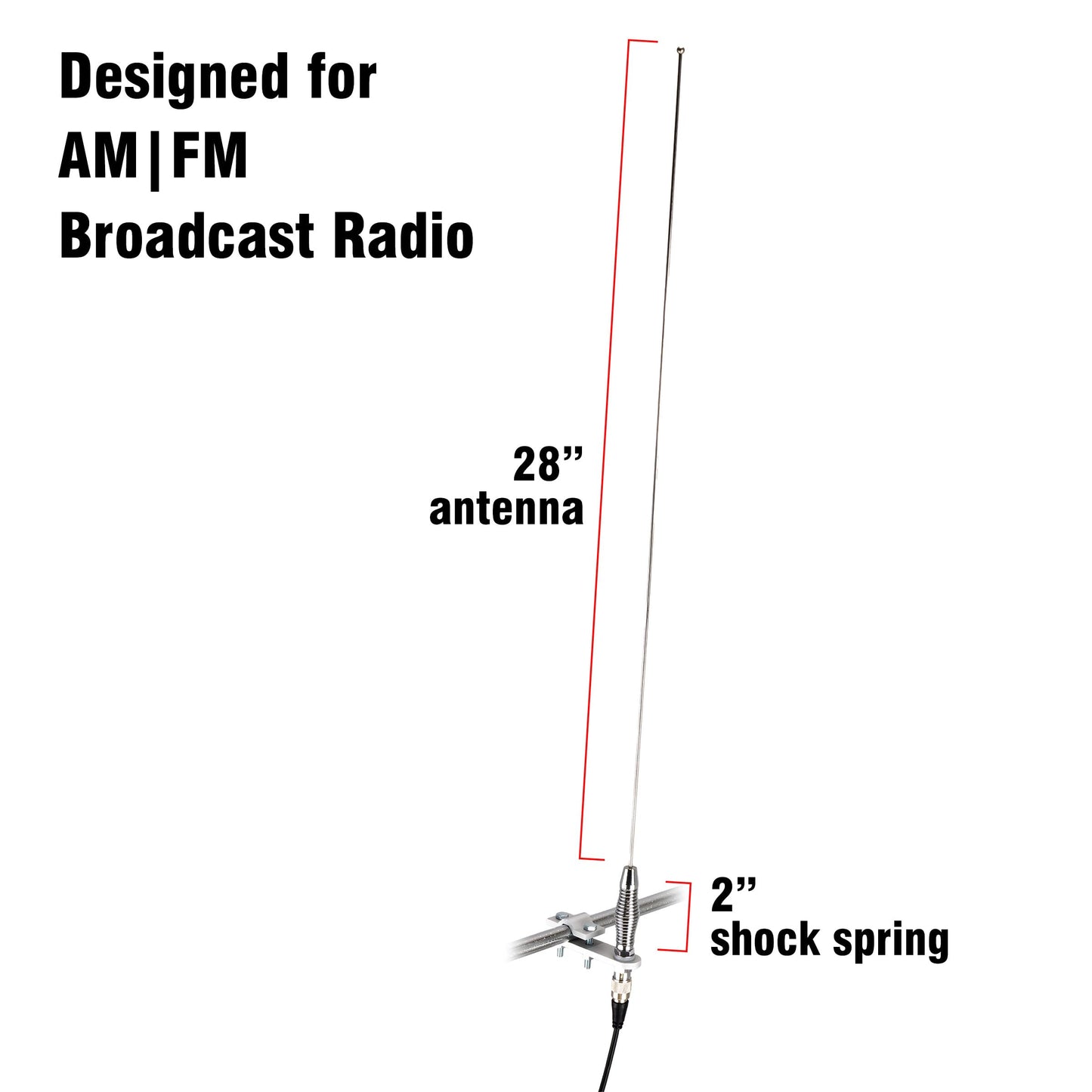 RoadPro (RP-557) 28" AM/FM Mirror Mount Stainless Steel Antenna Kit with 2" Shock Spring