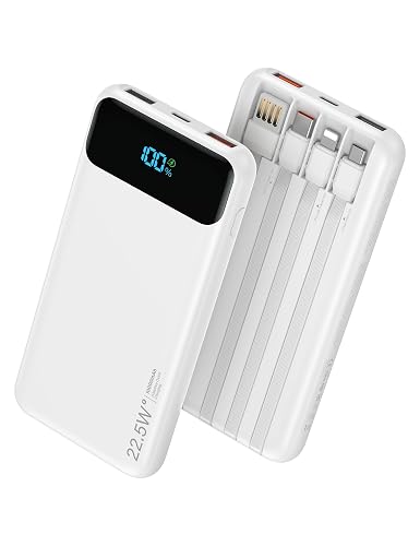 Portable Charger, 10000mAh 22.5W Fast Charging Power Bank with 4 Built-in Cables, Travel Essentials Battery Pack with LED Display, 6 Outputs Charging