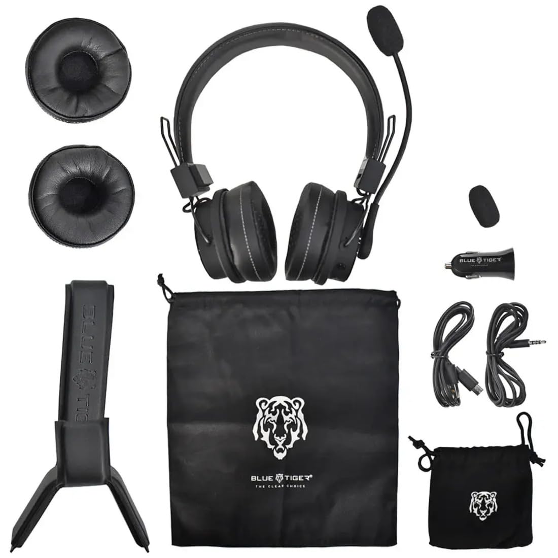 Blue Tiger Premium Elite Ultimate Single and Dual Ear 2-in-1 Bluetooth Headset - Professional Noise Cancellation Head Set with Microphone - USB-C…