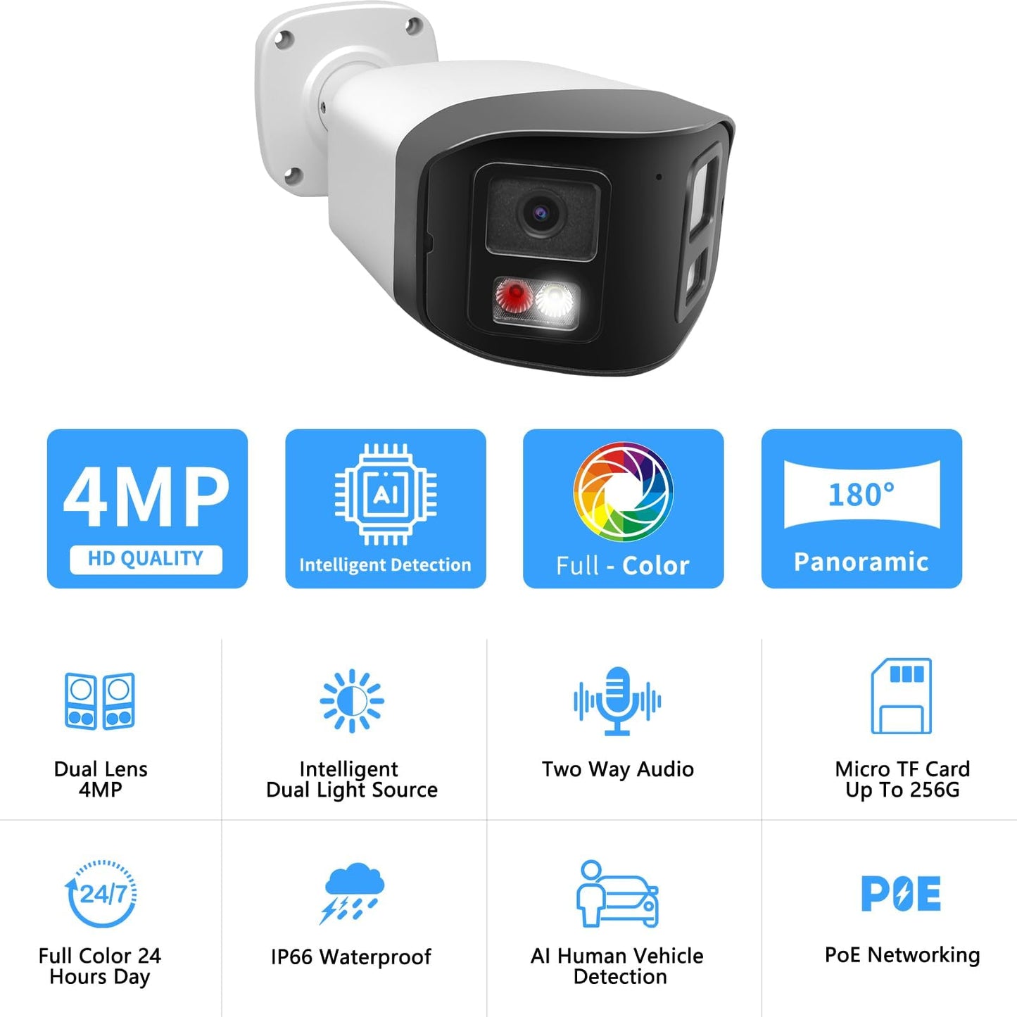 4MP Dual Lens PoE IP Security Camera with 180° Ultra Wide Viewing Angle, 2-Way Talk, AI Human Vehicle Detection, SD Card Slot(256GB), Full