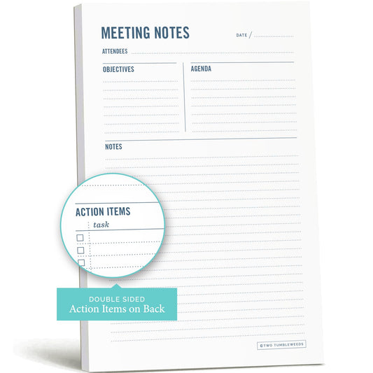 Meeting Notes Notepad - 6x9" - Double Sided Planning Pad - Objectives, Notes, Action Items & Follow-Ups - Undated Meeting Agenda - 50 Double-Sided