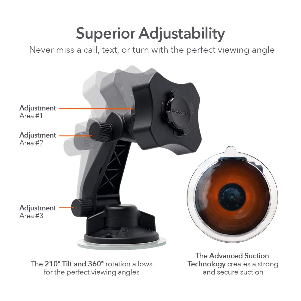 Rokform - Adjustable Windshield Phone Mount Secured by Strong Suction Cup Base, 210 Degrees of Tilt and 360 Degree of Rotation Phone Holder Compatible