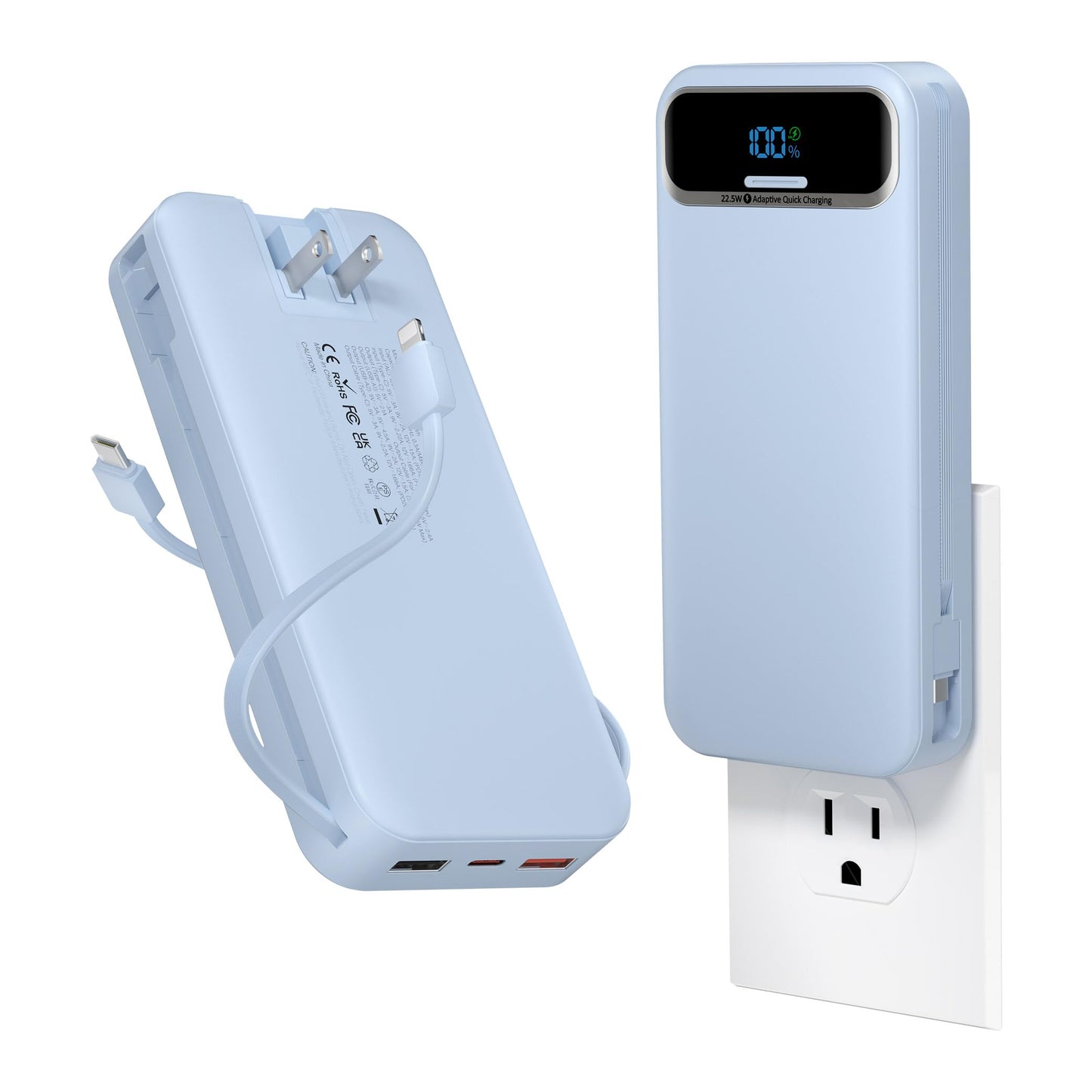aonidi Portable Charger 20000mAh with Built-in Cables&AC Wall Plug, Blue