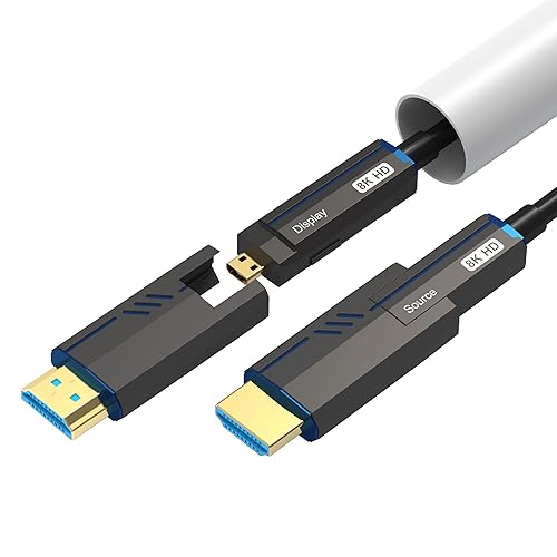 8K Detachable HDMI Fiber Optic Cable 50Feet/15m, Long HDMI 2.1 Cable in Wall, with Dual Micro HDMI and Standard HDMI Connectors, Compatible for PC
