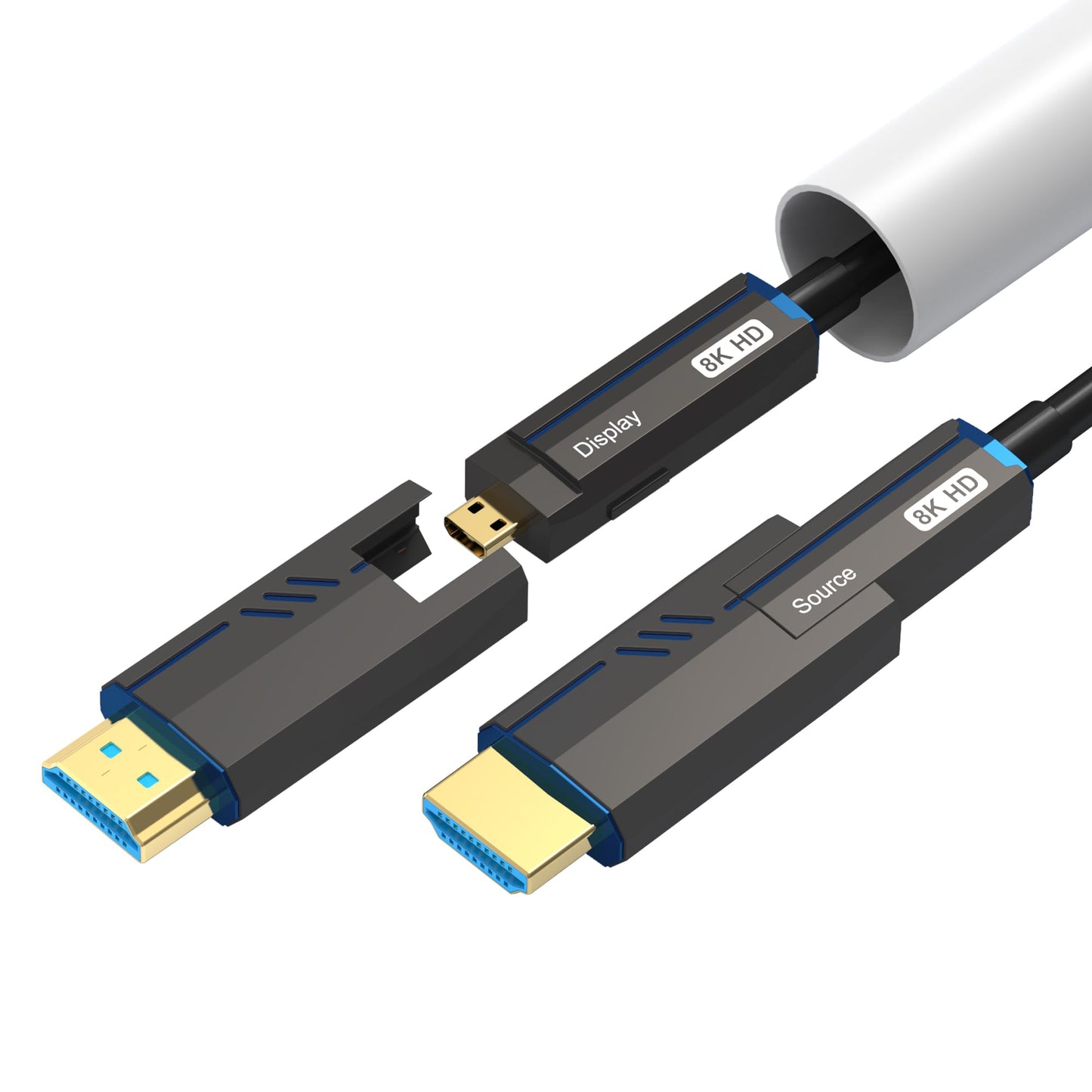 8K Detachable HDMI Fiber Optic Cable 50Feet/15m, Long HDMI 2.1 Cable in Wall, with Dual Micro HDMI and Standard HDMI Connectors, Compatible for PC