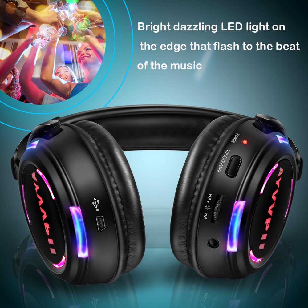 AYVVPII Rechargeable Wireless Silent Disco Headphones RF LED Flashing Light Headset 10pcs Headphones Bundle and 1 Transmitter 500m Distance