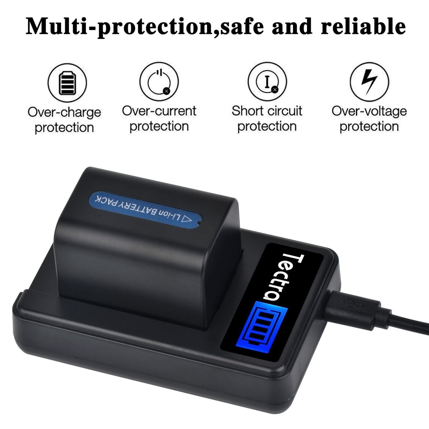 Tectra 2-Pack NP-FH70 Battery and LCD USB Charger for Sony NP-FH30, NP-FH50, NP-FH60, NP-FH90 NP-FH100 and Sony HandyCam DCR-DVD650, DCR-HC20, SX40