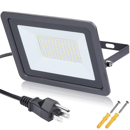 MIWAT 100W LED Landscape Lights with Plug, Super Bright IP68 Waterproof Outdoor Security Working Lamp in Cord for Garden Wall Washer Shop Stele Photo