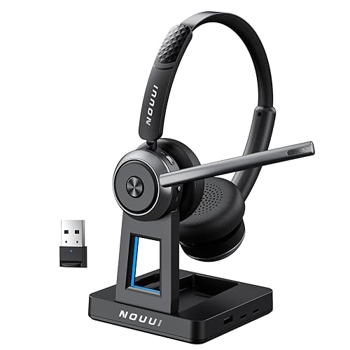 Wireless Headset with Mic for Work, Wireless Headphones with Mic(Noise Cancelling), Bluetooth Headset with Microphone, Mute Button & Charge Base…