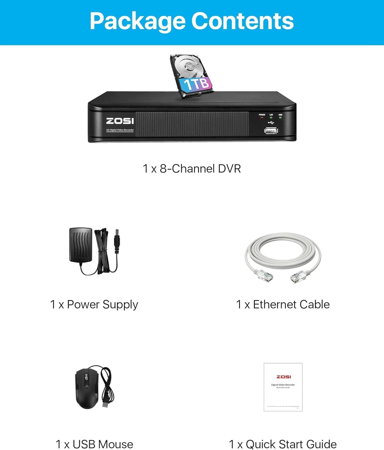 ZOSI 8 Channel HD-TVI 1080P Lite 4 in 1 Video Surveillance DVR Recorder 1TB HDD,Remote Access, Motion Detection (Renewed)