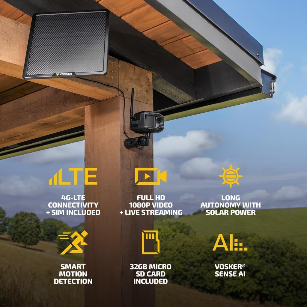 Vosker V300 Ultimate Farmers Pack Outdoor Security Camera with External Solar Panel for Farms Pastures and Greenhouses 4G LTE Black Single Unit