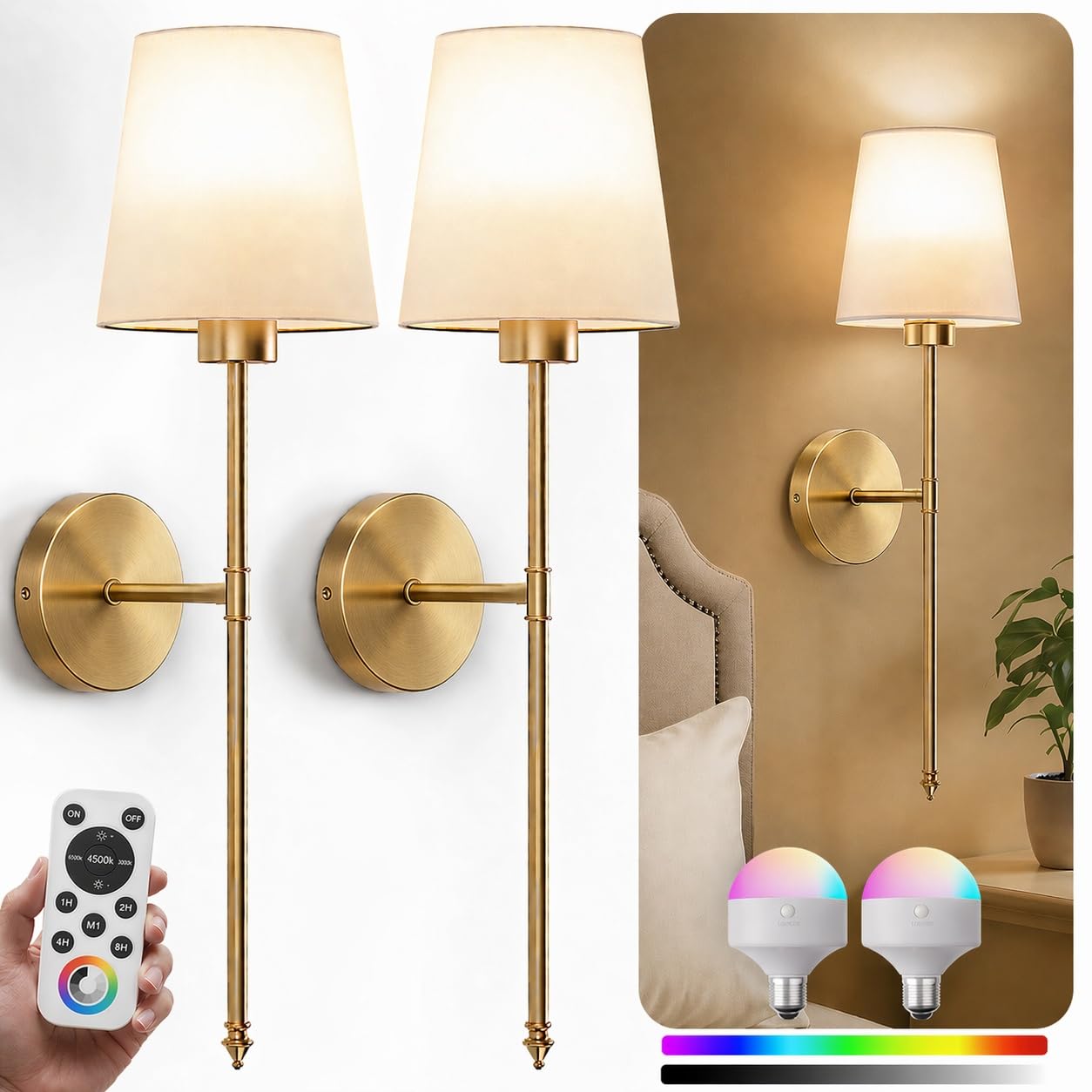 IRONPAX Wall Sconces Battery Operated Set of 2, Wireless Rechargeable Wall Sconce Set of Two, Dimmable Wall Lights with Remote for Bedroom Living Room