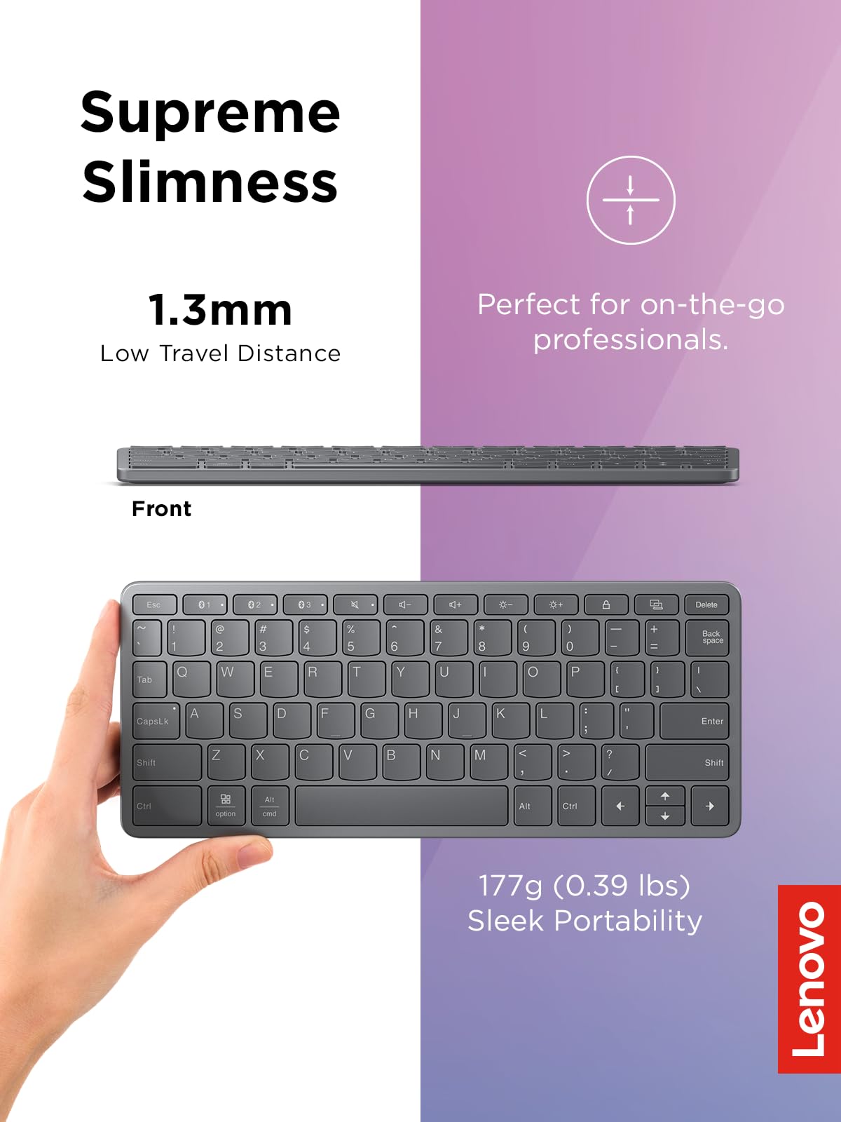 Lenovo Multi-Device Wireless Bluetooth Keyboard, Connect Up to 3 Devices Simultaneously, Compatible with iOS, Android, Windows, Slim Profile