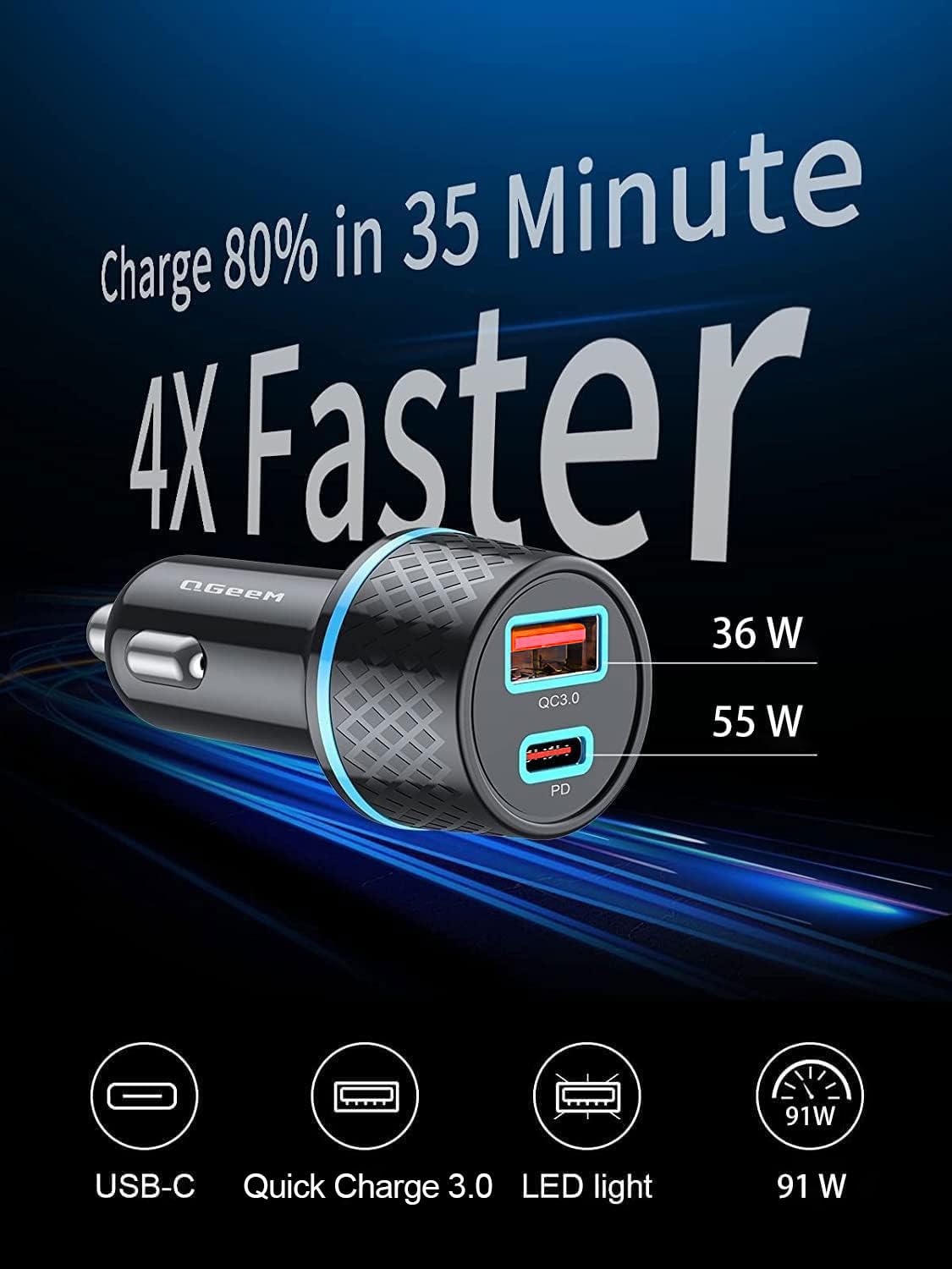 QGeeM USB C Car Charger Adapter, 2Pack 91W Fast Charging Cigarette Lighter Charger with PD3.0, USB Type-C Phone Charger Compatible for iPhone 15 14 13
