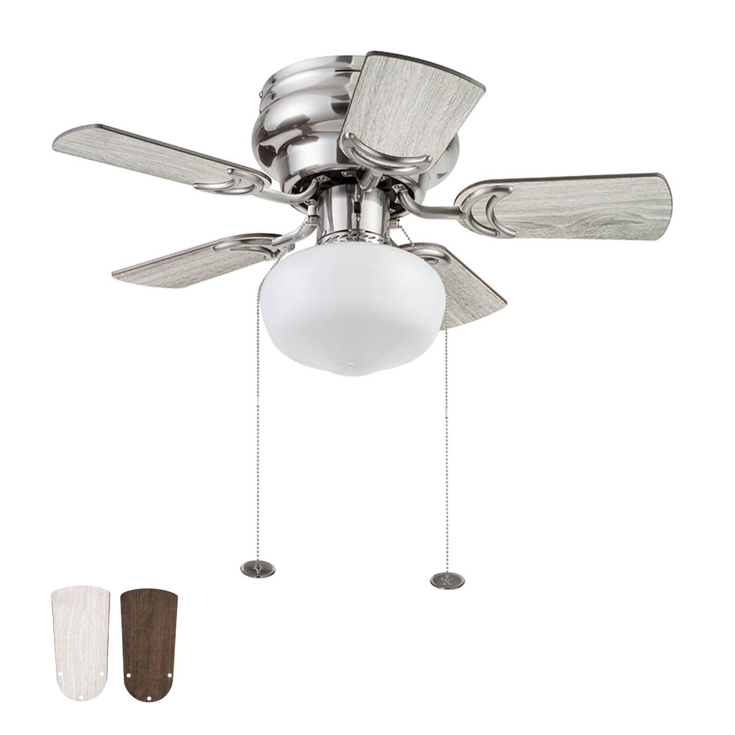 Prominence Home Hero 28 Inch Traditional Flush Mount LED Ceiling Fan with Light, Pull Chain Control, 5 Dual Finish Blades, Brushed Nickel