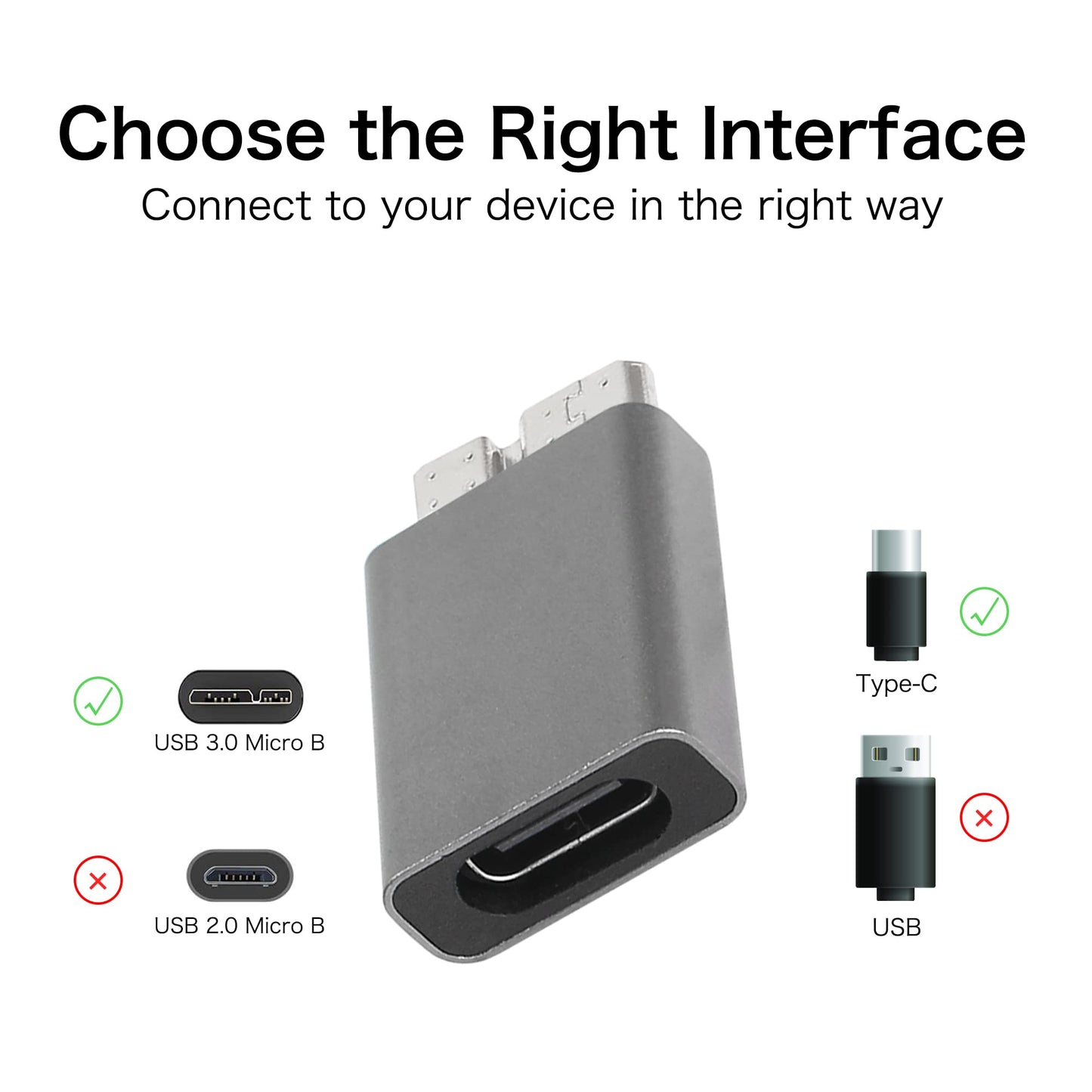 QIANRENON USB 3.0 Type-C Female to USB 3.0 Micro B Male Adapter for Mobile Hard Disk, MacBook Pro, Galaxy S5/S8/S9/S10, Note 3 etc Grey