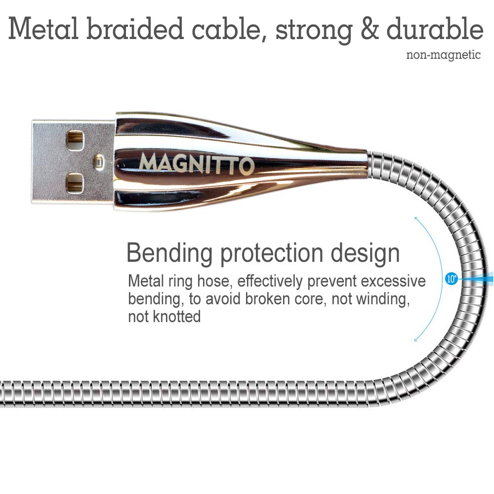 MAGNITTO Metal Braided Cord, USB Charging Cable, Stainless Steel, Strong Durable Wire, Tangle Free, Data sync high Speed 3.3ft, Silver Charger Cable