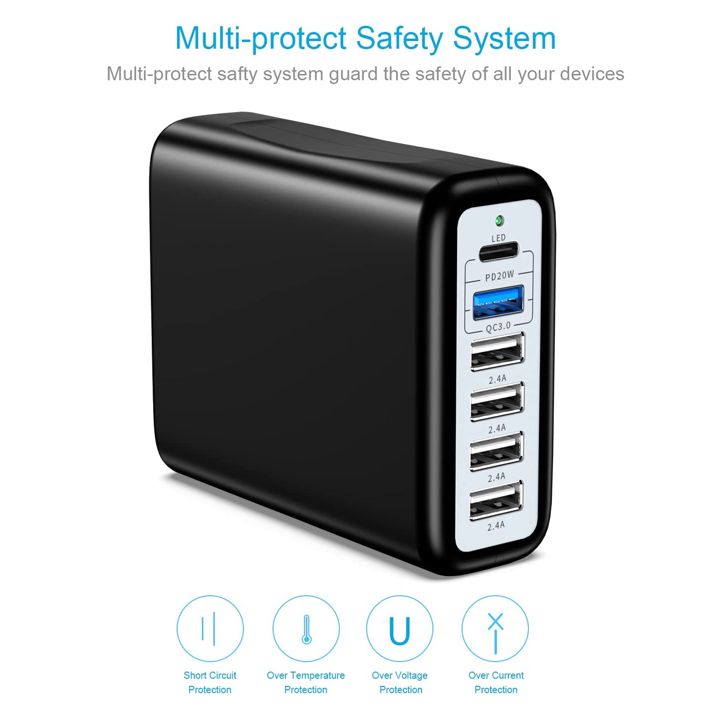 USB C Charging Station Fast Wall Charger USBC Charging Power Hub for Multiple Device Desktop Charge Block 6 Ports Pd3.0 Rapid Strip Adapter Compatible