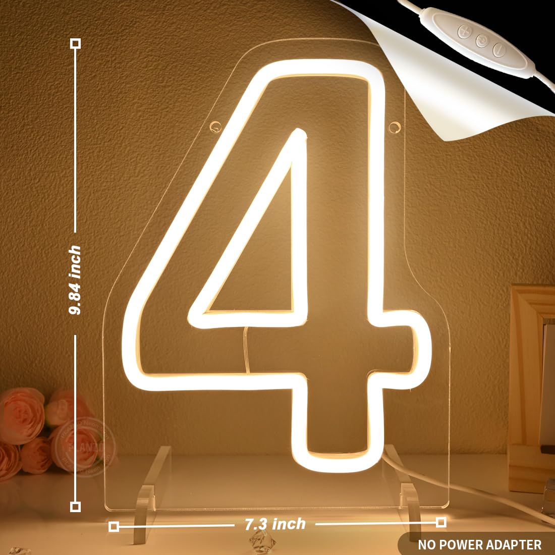 Planzo 4 Four Led Neon Sign Light 4th Four Years Old Birthday Baby Cave Backdrop Bedroom Desk Table Wall Sign Decor Banner Wedding Party Decor Gifts
