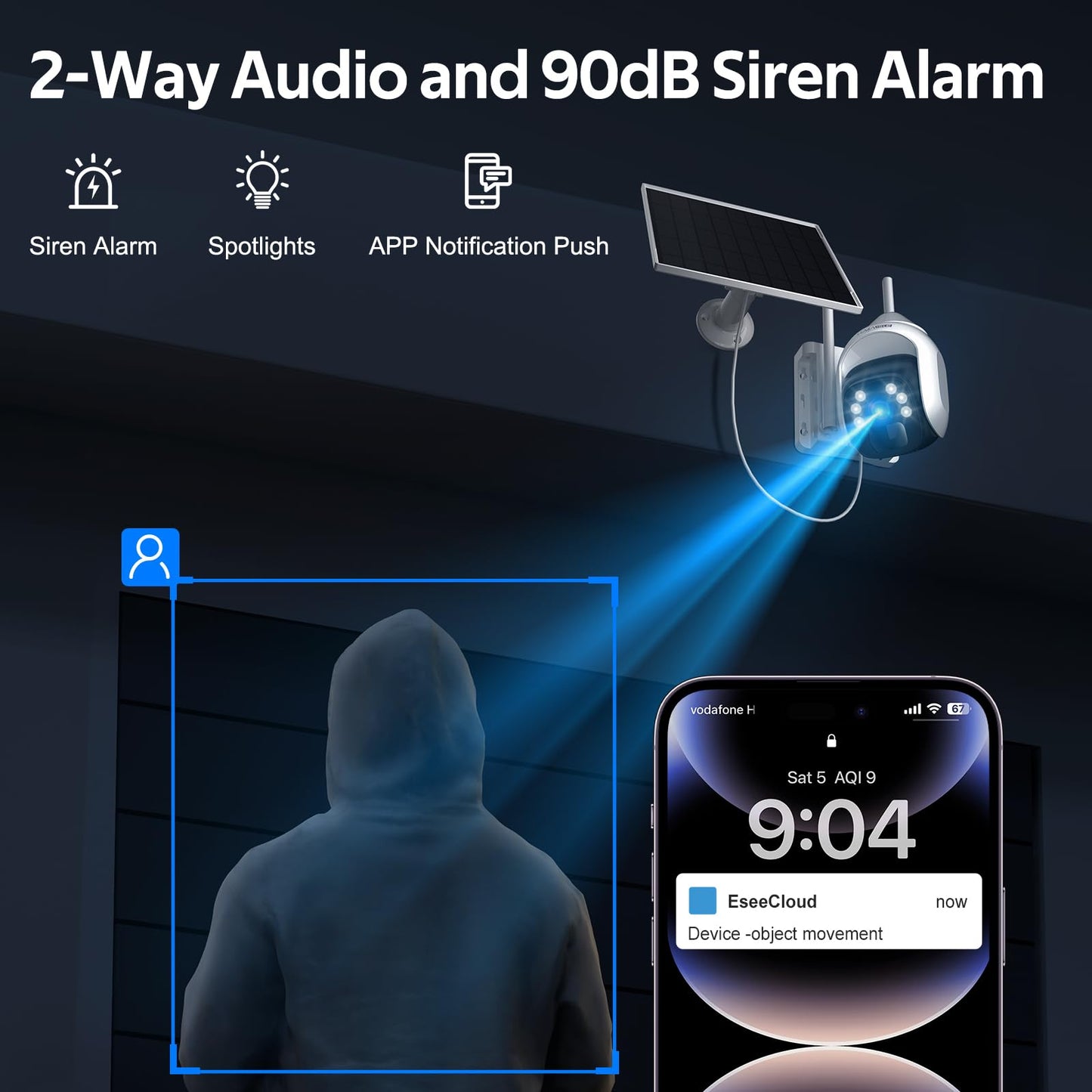 Solar Security Cameras Wireless Outdoor, 2K Pan/Tilt 360° WiFi Cameras for Home Security, Battery Powered Camera with Spotlights, Color Night