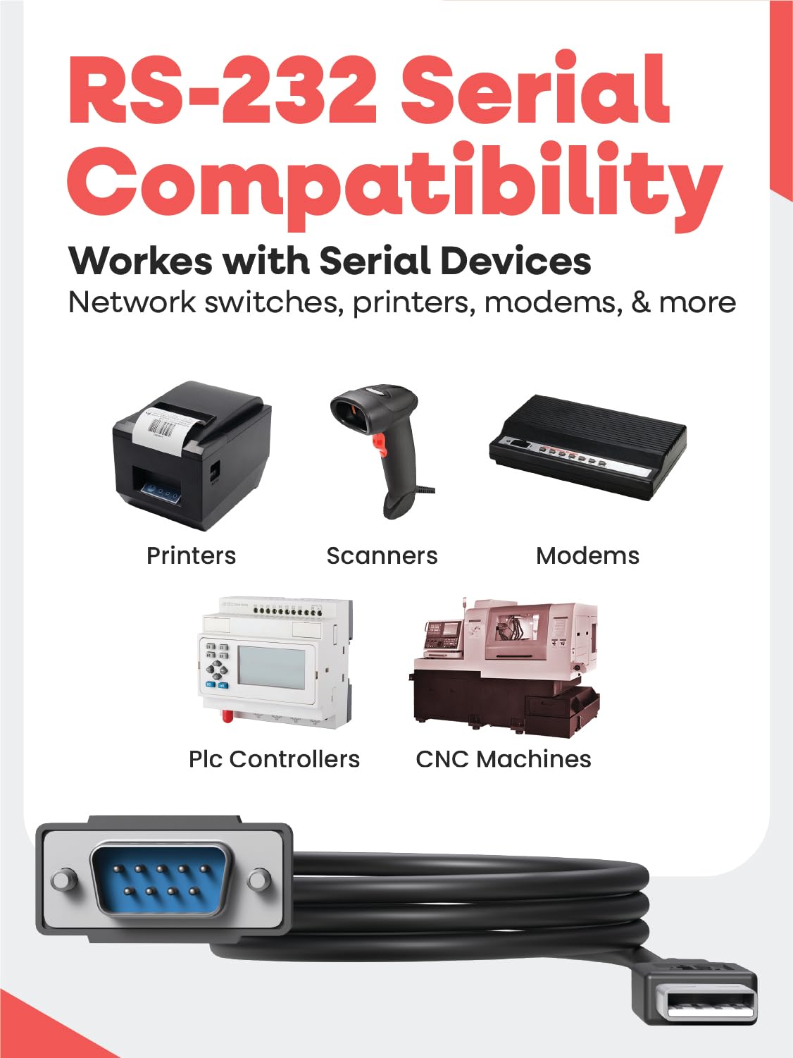 Gearmo USB to Serial Cable - Compact DB-9 Connector, 36 Inch Length, FTDI Chip, Windows / Mac / Linux, 64-bit Compatible RS232 Adapter