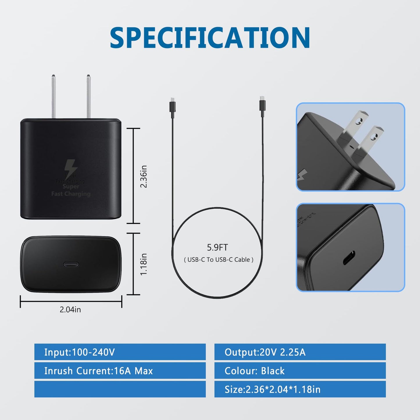 45W USB-C Charger, Super Fast Charger Type C for Sam Sung Galaxy S24 Ultra/S24/S24+/S23 Ultra/S22+/S22 Ultra/S23/S23+/S22 with 5.9FT Cable 2 Pack