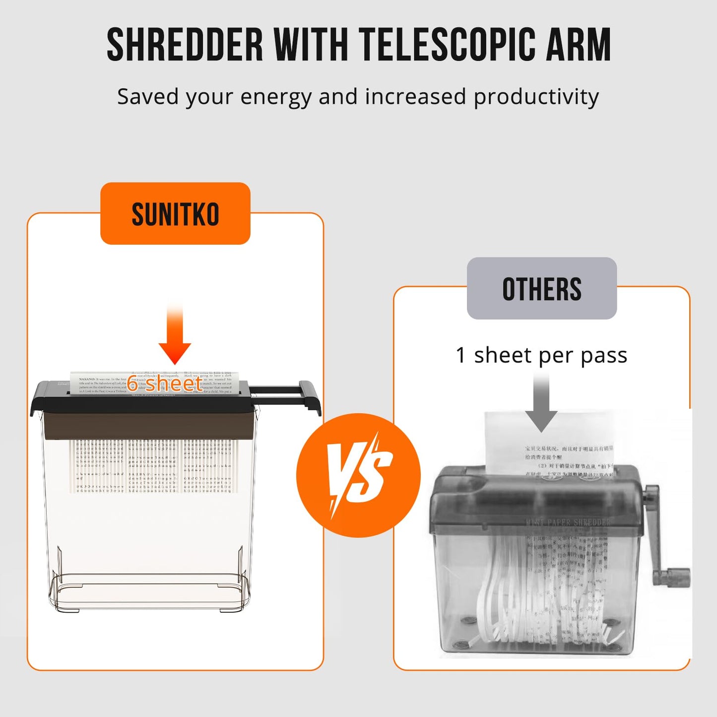 6-Sheet Strip Cut Paper for Home Office, Small Paper Shredder with Auto-Off Compact, Portable Design, No Basket, Extendable Arm, Black