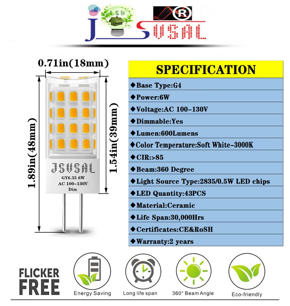 JSVSAL G4 LED Bulb Dimmable,T3 JC Type,AC 120V 6W Soft White 3000K,4-Pack
