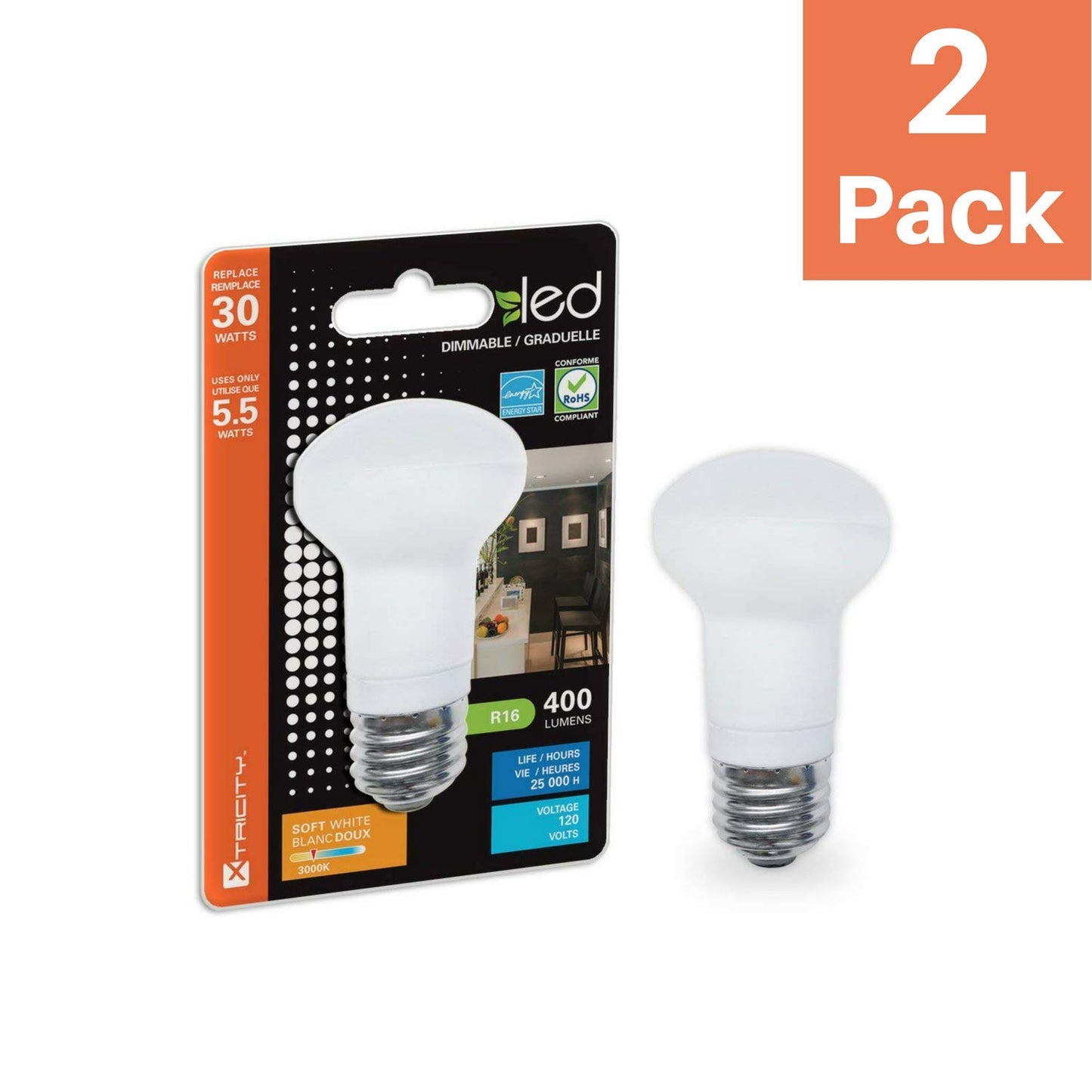 Xtricity R16 LED Light Bulb, 7 Watt (50W Equivalent), (2 Pack)
