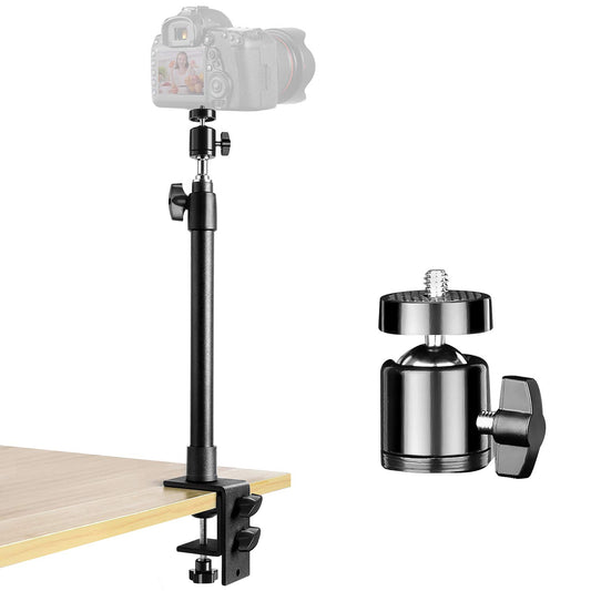 TOAZOE 14''-25.5'' Camera Desk Mount Table Stand with 360° Rotatable Ball Head, Adjustable Desk Light Stand, Aluminum Tabletop C Clamp Mount for DSLR