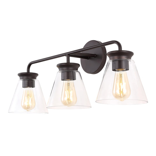 JONATHAN Y 27" Oil Rubbed Bronze/Clear Modern Farmhouse 3-Light LED Vanity Light for Bathroom, Kitchen, Hallway, Clear Glass Shade, Dimmable Edison