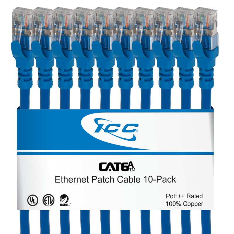 ICC CAT6A U/FTP RJ45 Ethernet Patch Cord, 500 MHz, 5 FT, Blue, 10-Pack